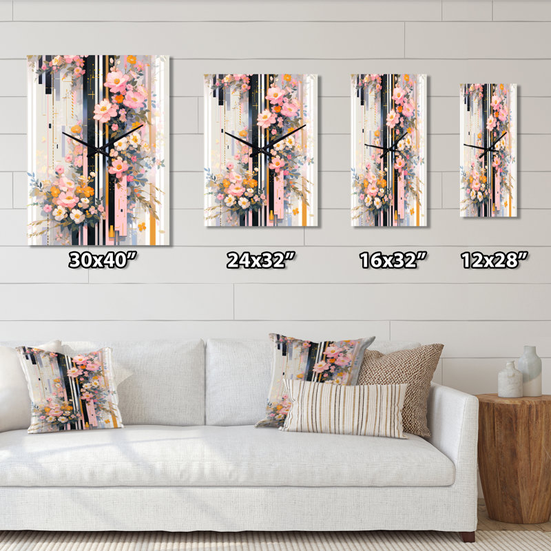 Fleurs de cerisier rose modernes Bold Stripes III - Horloges murales cerise, Très grand
