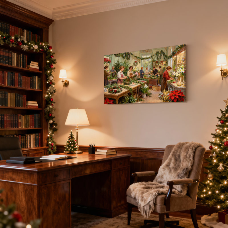 Scène d'atelier de Noël avec des gens, ensemble de 3 impressions sur toile, H 12 po x l 18 po