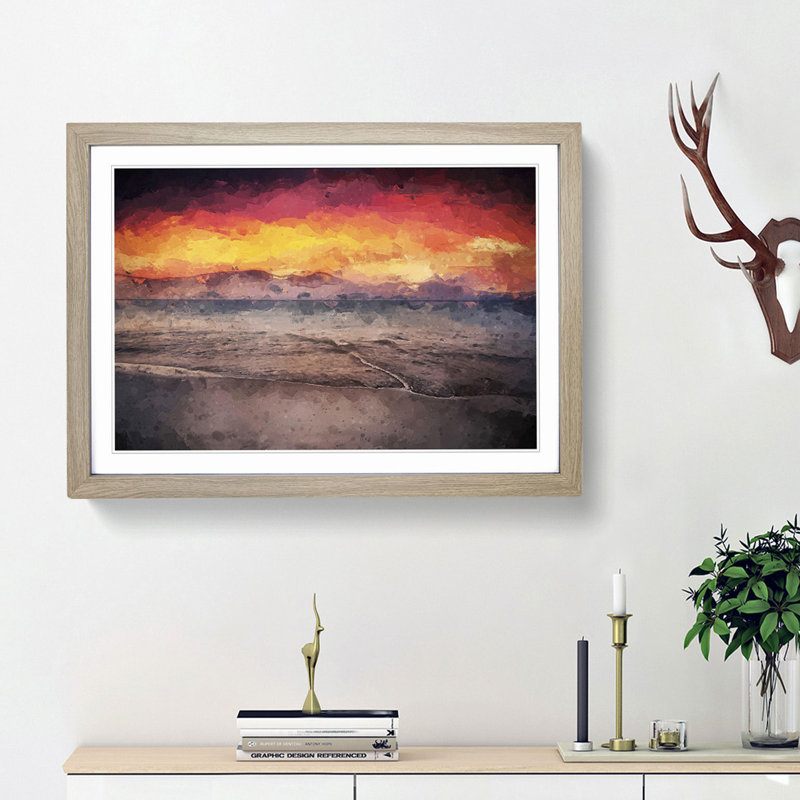 Spanish Beach at Sunset in Abstract - Picture Frame Graphic Art Print, 48cm H x 65cm W x 2cm D, Oak Framed