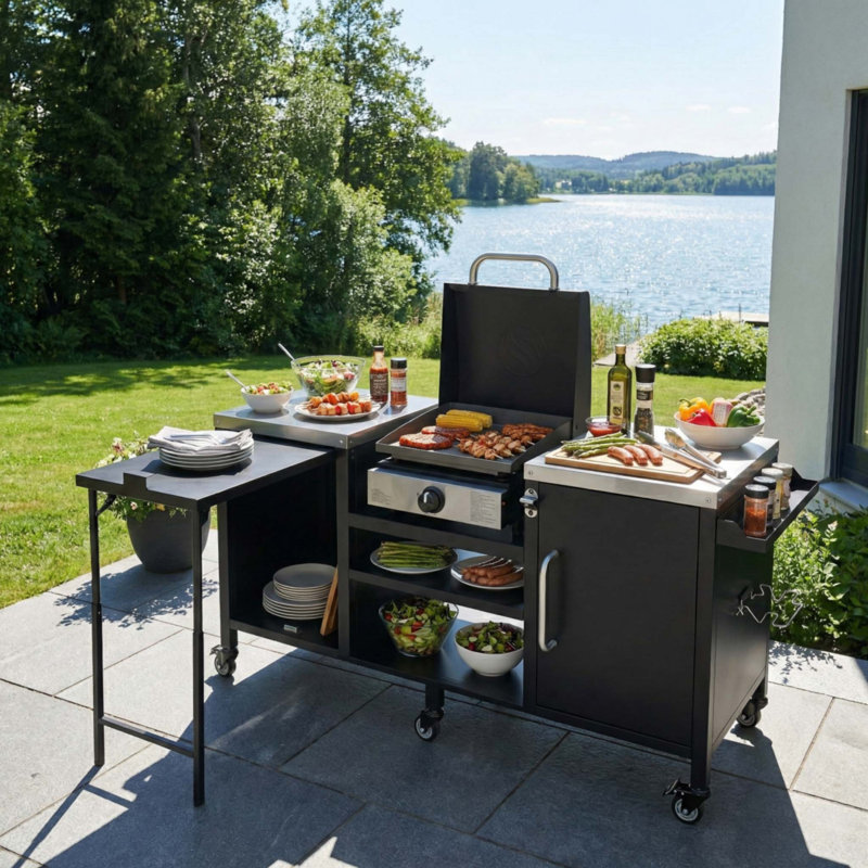 Grande table de gril 72,4 "pour grand gros œuf vert, chariot de barbecue extérieur en métal avec table de préparation escamotable