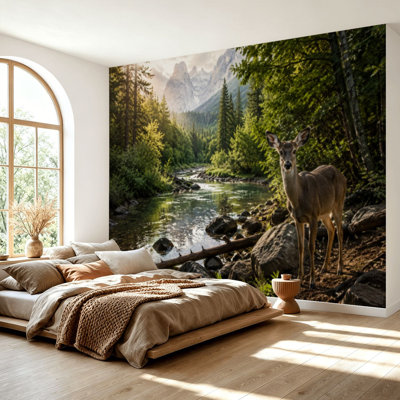 Wall Mural Peel and Stick Wallpaper Lone deer forest mountian coastal Self-Adhesive Removable Contact Paper Wall Decor for Living Room Bedroom 69"H x 96"W