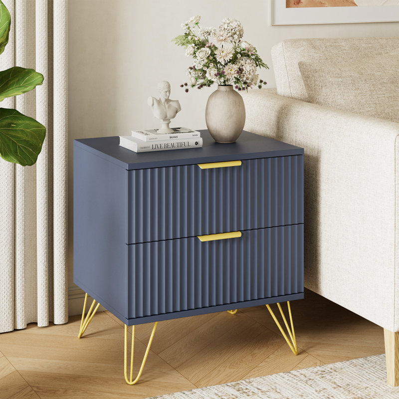 Table de chevet cannelée avec 2 tiroirs, Blue