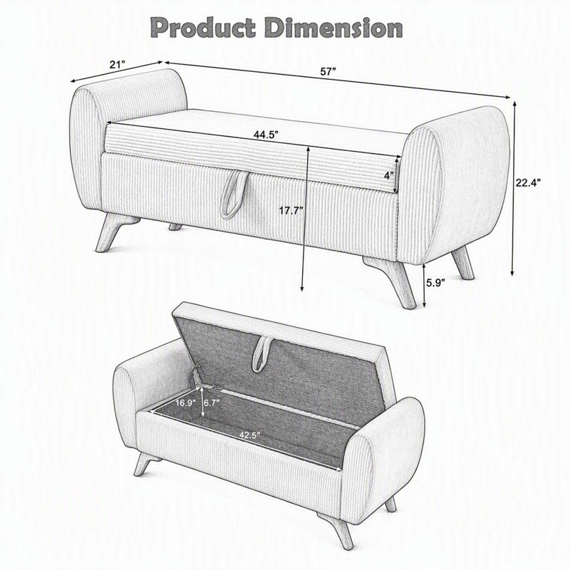 Banc moderne de 145 cm (57 po) en velours côtelé avec espace de rangement intégré, pattes en bois, rose, idéal pour les chambres et les couloirs.