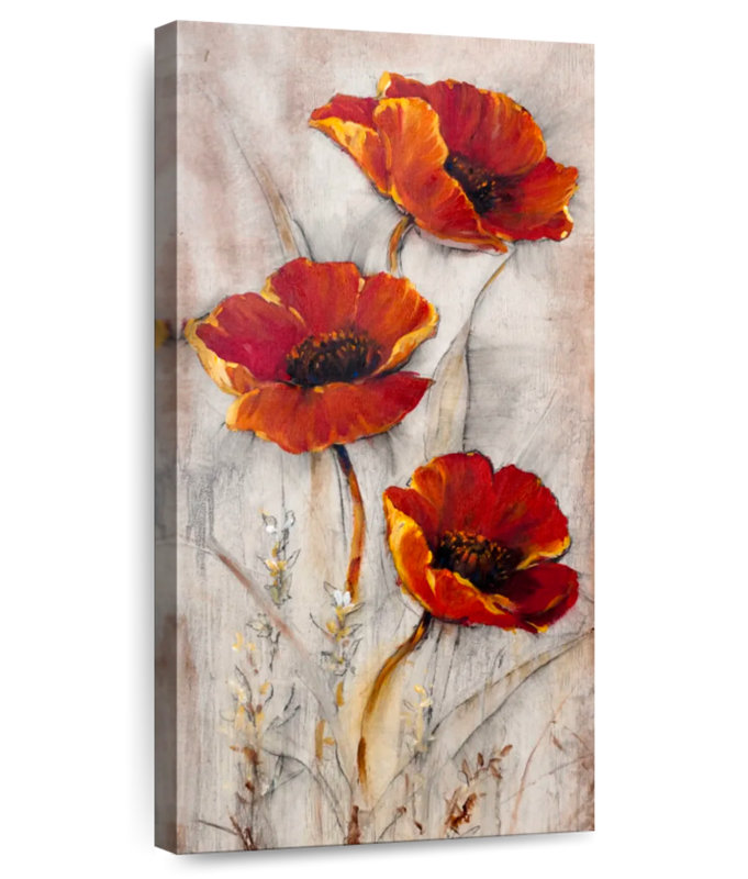 Coquelicots rouges sur taupe II, H 30 po x l 15 po