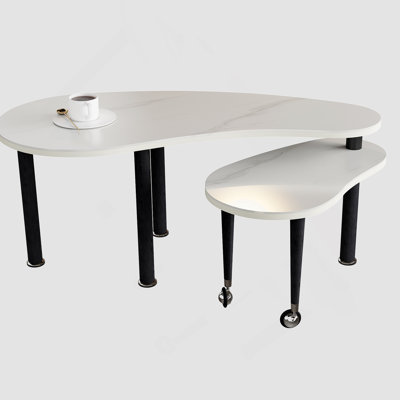 Table basse contemporaine rotative avec pieds en bois d'hévéa massif, table basse rotative à 360 degrés avec plateau en pierre frittée blanche de 6 mm pour le salon, la chambre à coucher, le balcon et le bureau personnel