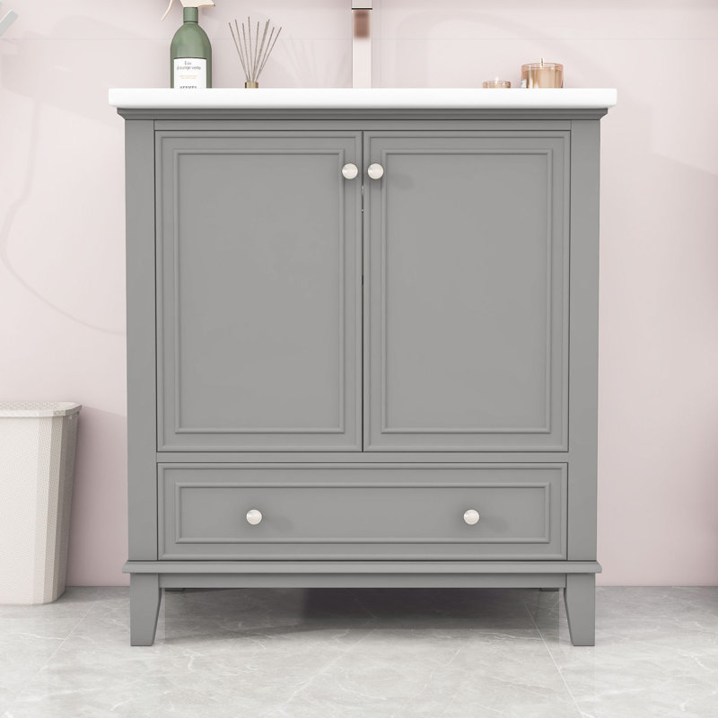 Meuble-lavabo chic de 30 pouces avec lavabo en céramique encastré et tablette réglable, Noir, noir, noir, noir