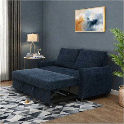 57.48" Big Size Sofa Bed Navy Line Fabric Futon Couch With Adjustable Backrest, Modern Loveseat Sofa Sleeper For Living Room