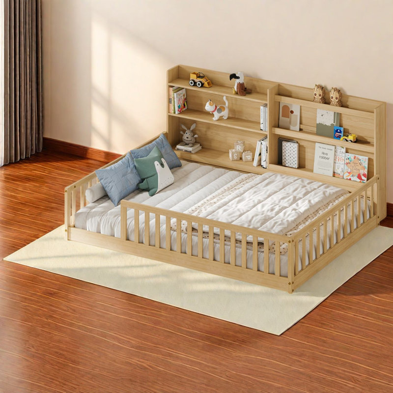 Lit double avec rangement, lit Montessori en pin, chambre d'enfant moderne et rustique, Brun