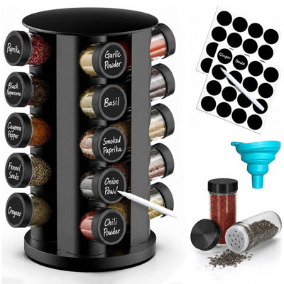360° Rotating Stainless Steel Spice Rack Organizer With 20 Lead-Free Glass Spice Jars, Complete Label & Funnel Set, Spinning Countertop Seasoning Storage Holder For Kitchen Cabinets & Countertops, Black Lids