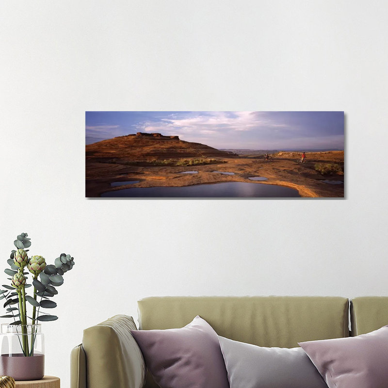 Mountain Bike Riders On A Trail, Slickrock Trail, Sand Flats Recreation Area, Moab, Utah, USA - Wrapped Canvas Panoramic Print