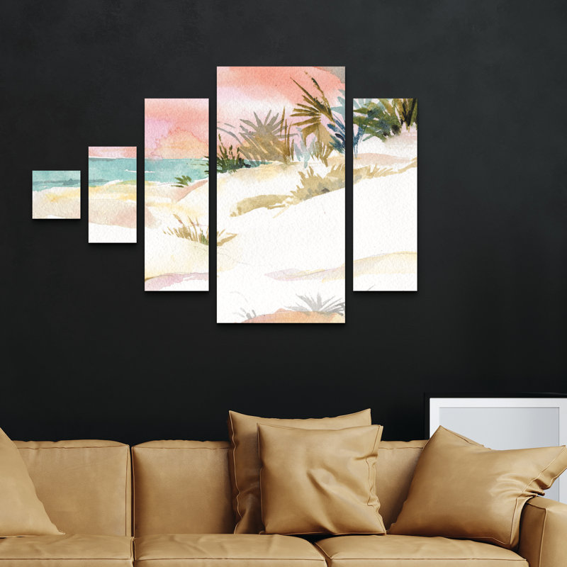 Ensemble de 5 panneaux muraux - Sheila Golden «Beachscape 2», art mural sur toile pour le salon, la chambre à coucher ou le bureau 