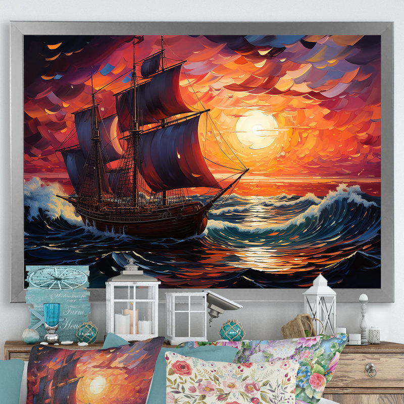 Bateau pirate au milieu de Legacy I - Bateau, art mural, Cadre de coin argenté fermé, H 12 po x l 20 po x P 1 po