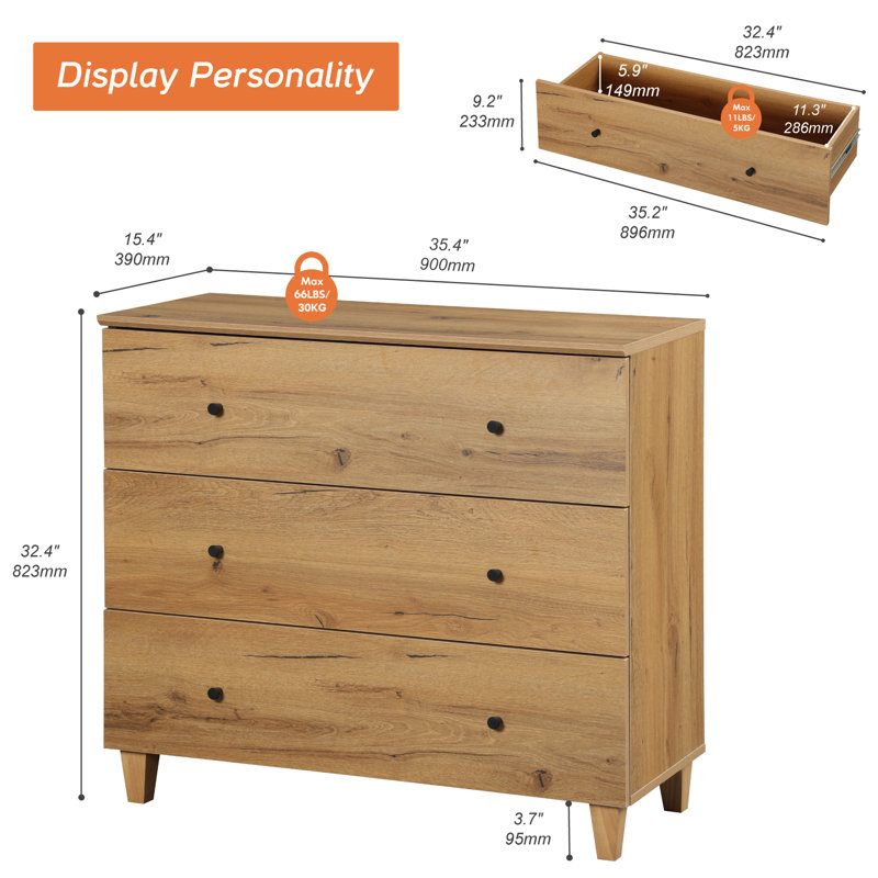 Kids Dresser With 3 Drawers For Children's Room Bedroom, Oak Brown