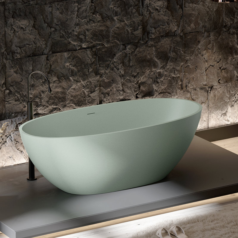 Baignoire îlot KAKUSIGA 61 po en résine effet pierre, baignoire moderne en surface solide avec trop-plein et bonde escamotable/PC2130390