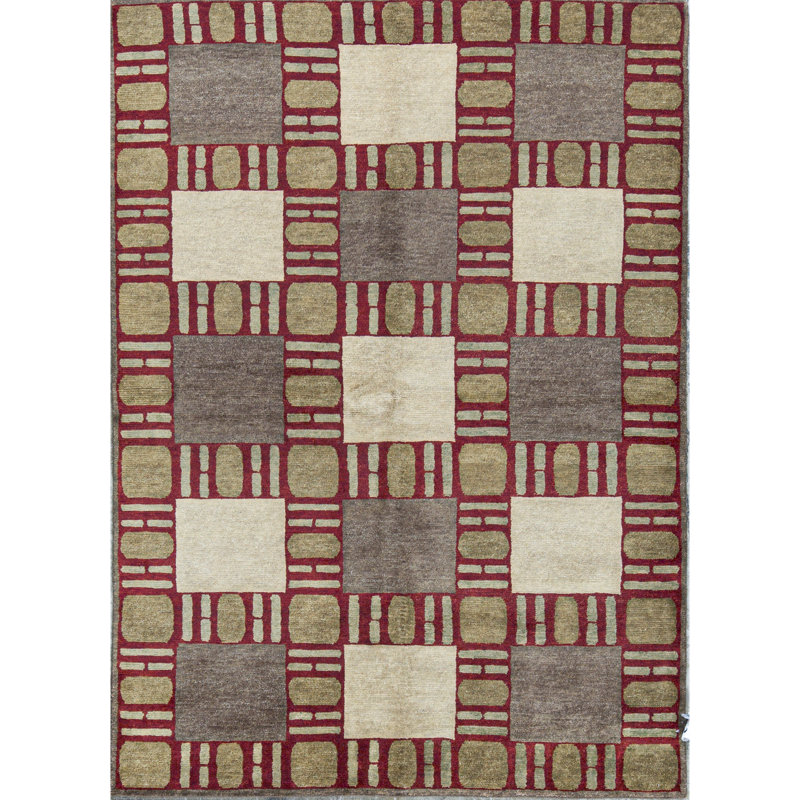 Wool Geometric Area Rug in Red/Beige/Light Yellow, Rectangle 6'1" x 8'7"