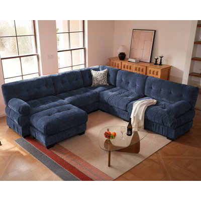 Canapé modulaire avec repose-pieds modulaire en U en forme de U 6 places, canapé en chenille confortable bleu