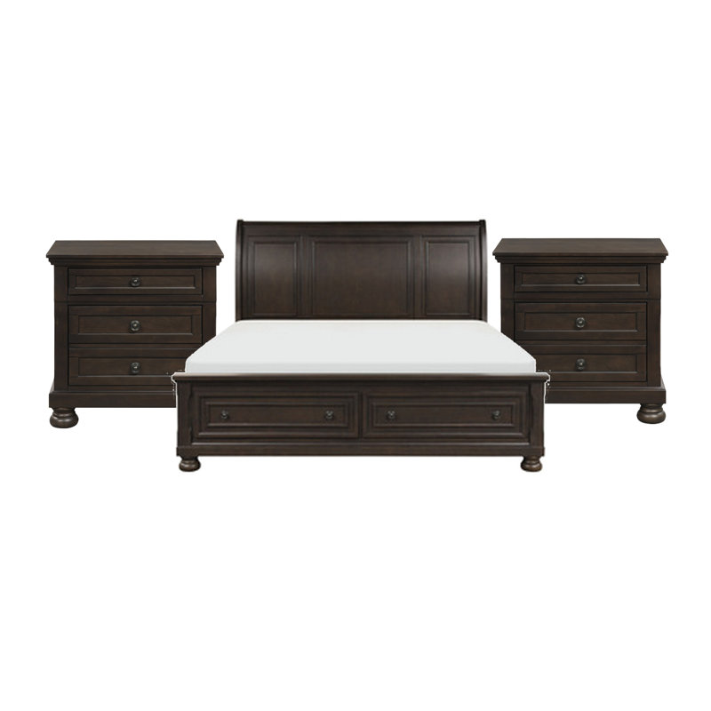 Ensemble de chambre pour grand lit, finition brune, lit de rangement avec tiroirs, ensemble 3 pièces avec lit et deux tables de chevet