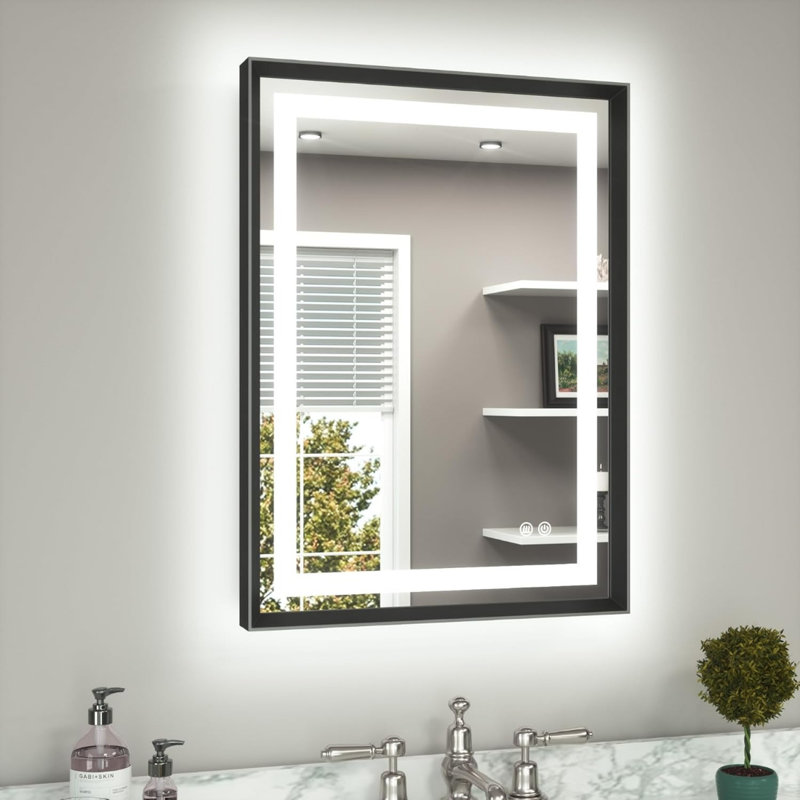 Miroir de salle de bain 22 po x 30 po avec cadre en métal noir brossé et miroir de meuble-lavabo rétro-éclairé anti-buée à intensité variable 3 couleurs blanc / chaud / naturel avec lumières murales