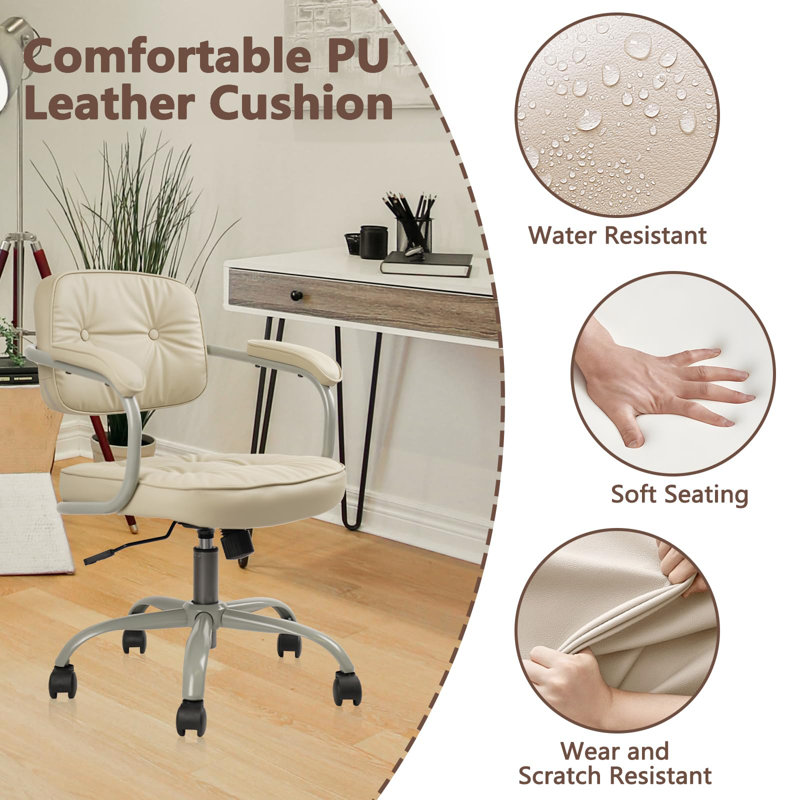 Leather Home Office Chair Comfortable Adaptive Backrest And Height Adjustable Swivel Desk Chair With Armrest Wheels Thickened Cushion Buttons Vanity Task Chairs, (Beige)