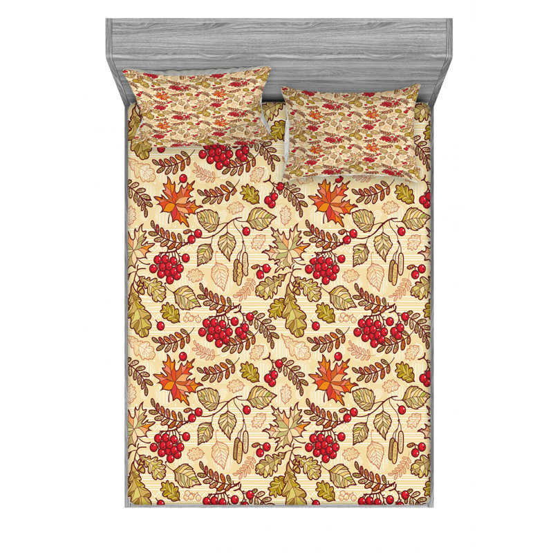 Rowan Microfiber Floral Sheet Set, Full Sheet Set + Fitted Sheet + 2 Pillowcases, Green/Red/Beige Floral