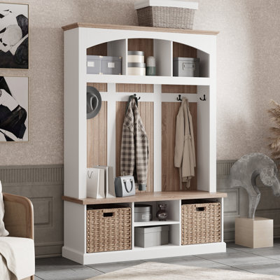 66.9" H Hall Tree Storage Rack - 5 Hooks + 3 Storage Compartments + Double Bamboo Baskets
