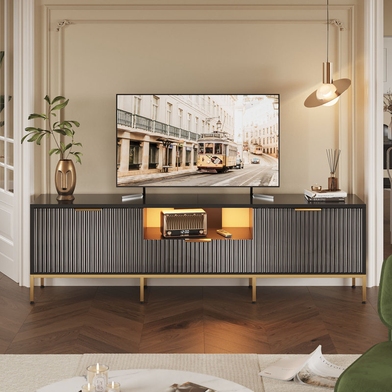 Fluted TV Stand, Glossy Media Console with Wave Pattern Buffet Cabinet, Black, 54cm H x 178cm W x 35cm D
