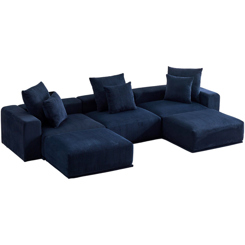 Modular Sofa Sectional With 2 Removable Ottoman, 24.21" H x 132.68" W x 71.25" D, Blue Corduroy, U-Shaped