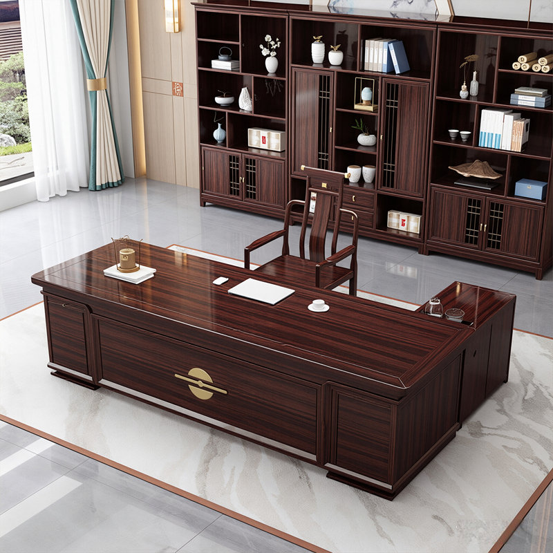Bureau de direction de 86,61 po en bois massif brun-rouge de style chinois, H 29,53 po x l 86,61 po x P 35,43 po