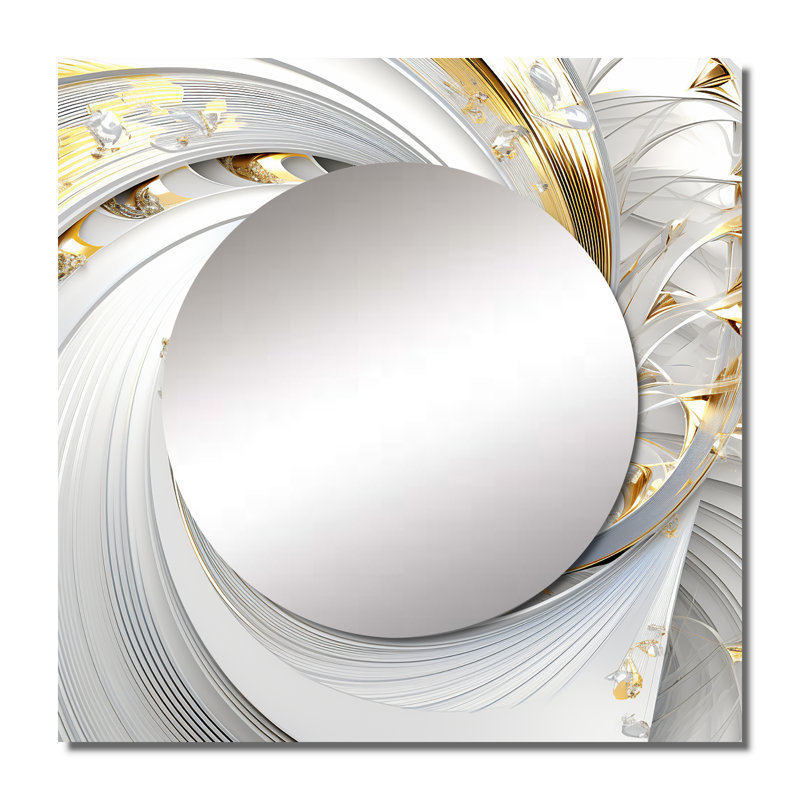 Whirling While Glam Fractals In Gold And White III - Fractals Square Living Room Wall Mirror Art, 36" x 36"