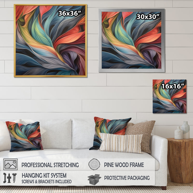 Aquarelle boho rétro avec feuilles pastel, Cadre flottant doré, H 36 po x l 36 po x P 1,5 po