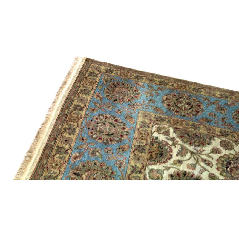 Tapis bleu / brun / ivoire noué à la main, Rectangle 8 pi 11 po x 11 pi 11 po