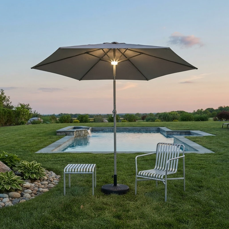 9 pi Parasol d'extérieur à énergie solaire avec lumières DEL, auvent en polyester, Tanné