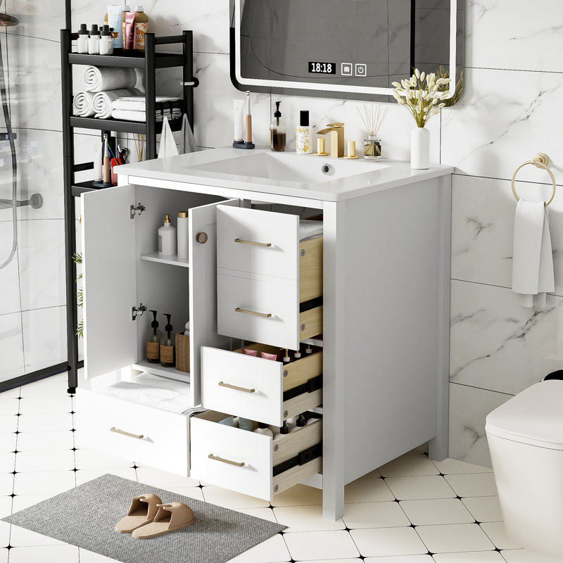Ensemble de meuble-lavabo 30 po avec lavabo en céramique, meuble de rangement en bois massif, ensemble de meuble-lavabo autoportant avec 4 tiroirs et portes à fermeture douce