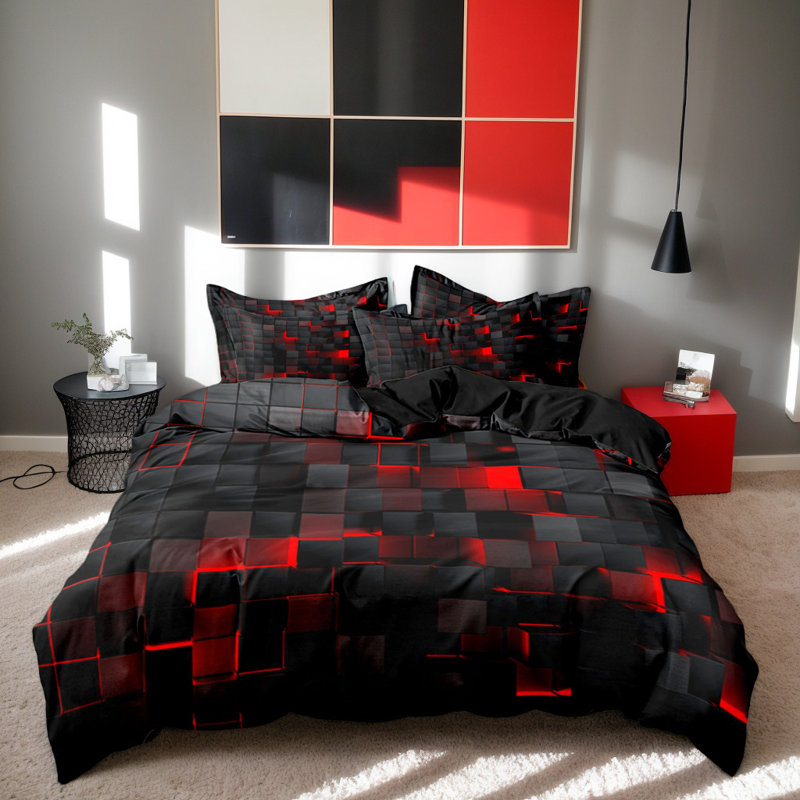 Ensemble de literie Shenglei en microfibre à imprimé géométrique rouge et noir avec 2 taies d'oreiller, taille pleine, 3 pièces (garnitures non comprises)