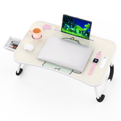 Black Foldable Laptop Table With Cup Holder, Tablet Slot & Handle – Portable Bed Tray Desk For Work, Study, Drawing & Eating