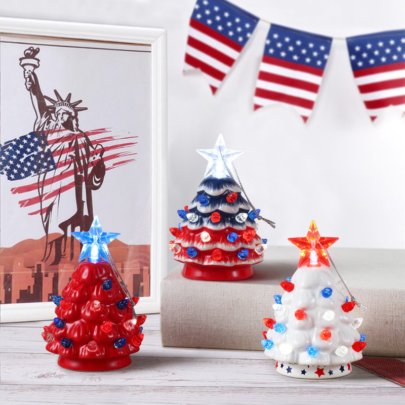 Set of 3 Mini Red White Blue Ceramic Christmas Trees