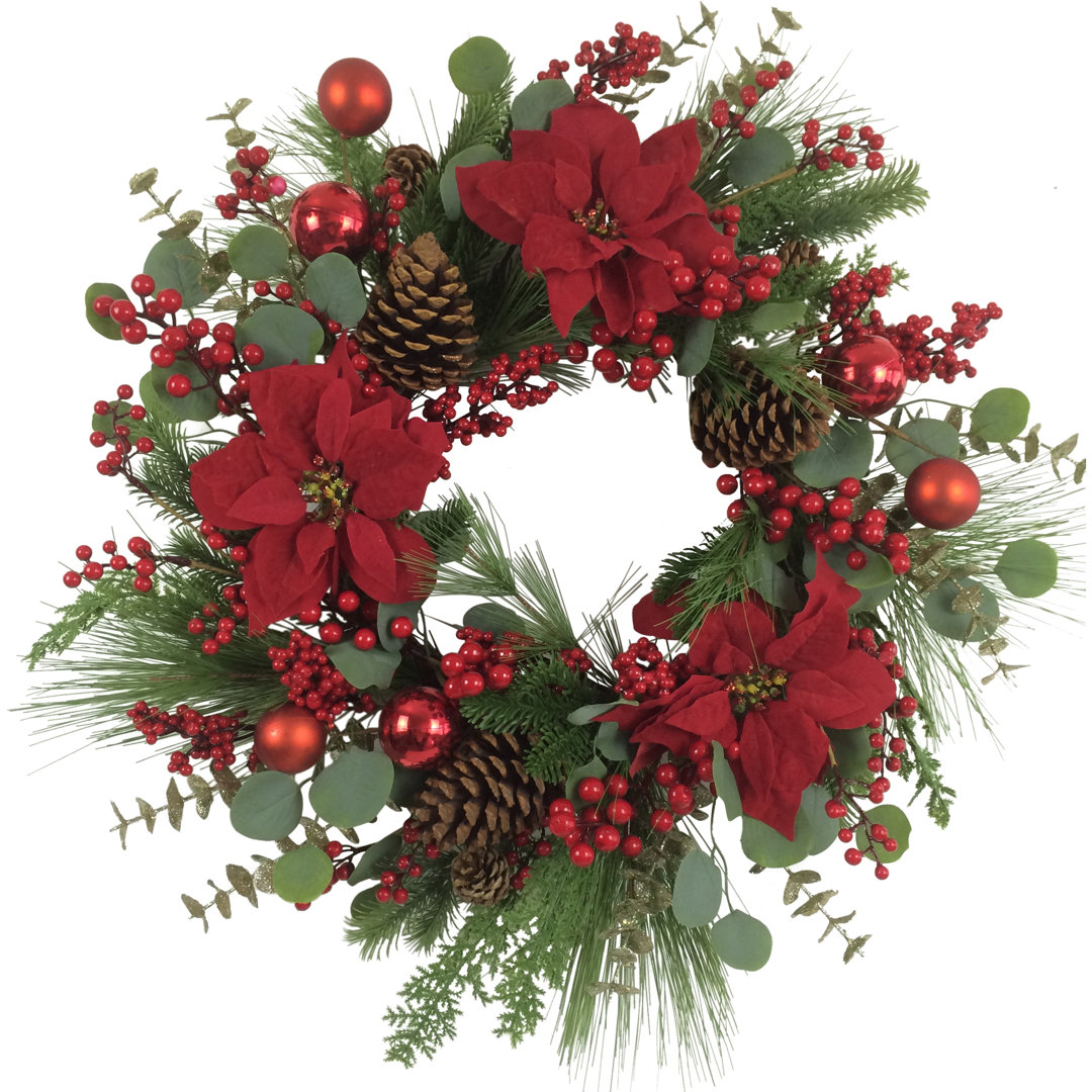Artificial Red Berry and Poinsettia Christmas Wreath 28-Inch Unlit Northlight Seasonal