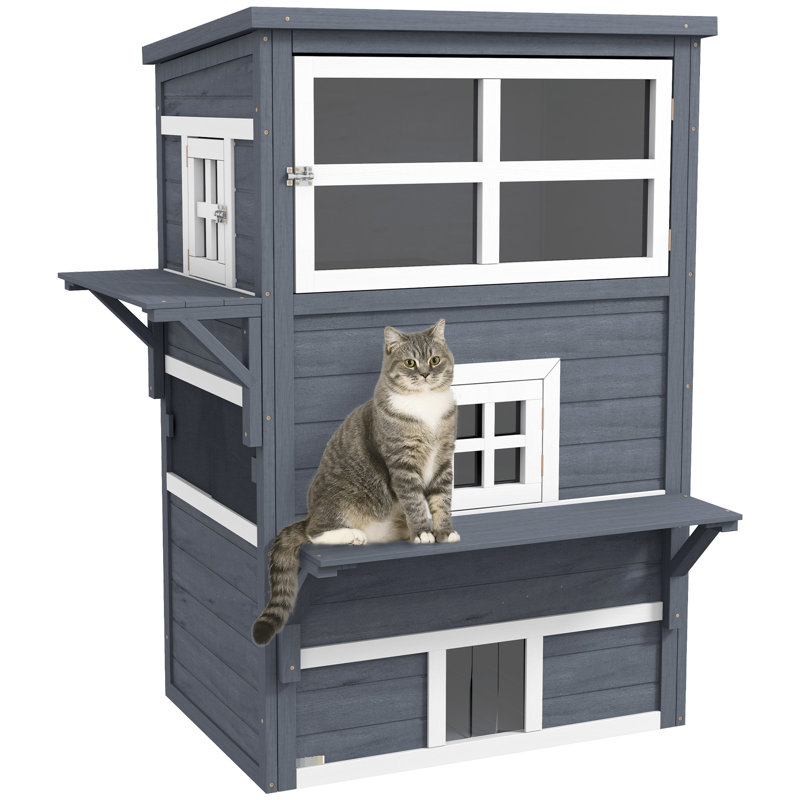 Maison pour chat à 3 étages, chaton extérieur gris foncé. Comprend un plancher surélevé, un toit en asphalte, des portes de secours et de charmantes plateformes de saut pour vos chats précieux équipés de chatons amusants et adorables