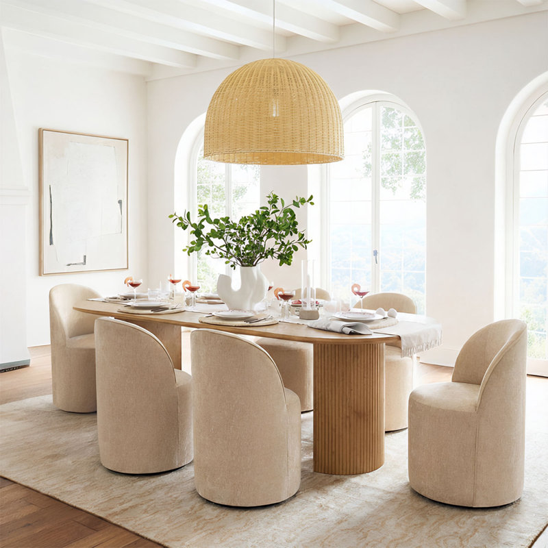 6 - Person Dining Table Sets With Oval Table & 6 Upholstered Chairs, Soft Tan, Oak