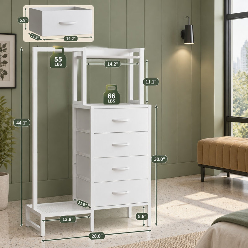 Commode blanche avec support suspendu - Petite commode pour chambre à coucher avec 4 tiroirs, commode de 44 po de hauteur, commodes réversibles pour enfants avec tablette de rangement, commodes de placard, essentiels de chambre de résidence, structure robuste