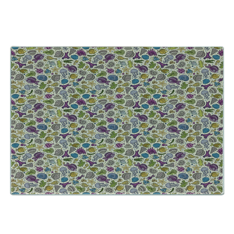 Ambesonne Cartoon Tempered Glass Cutting Board Ocean Creatures Shells Multicolor