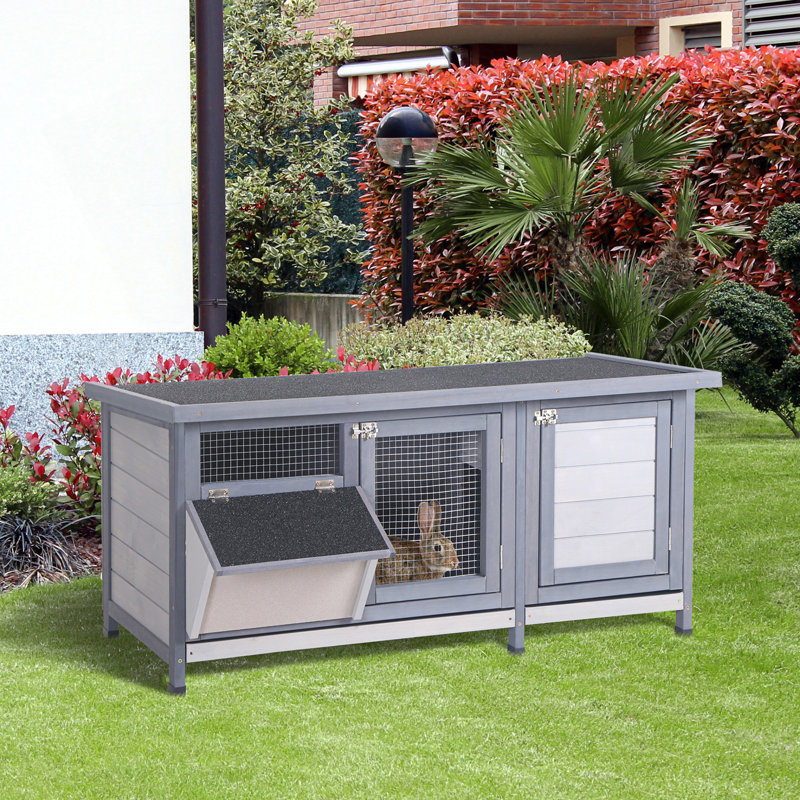 Cage à lapin en bois avec un toit imperméable et ouvert, Gris, H 21,25 po x l 44 po x P 19,75 po