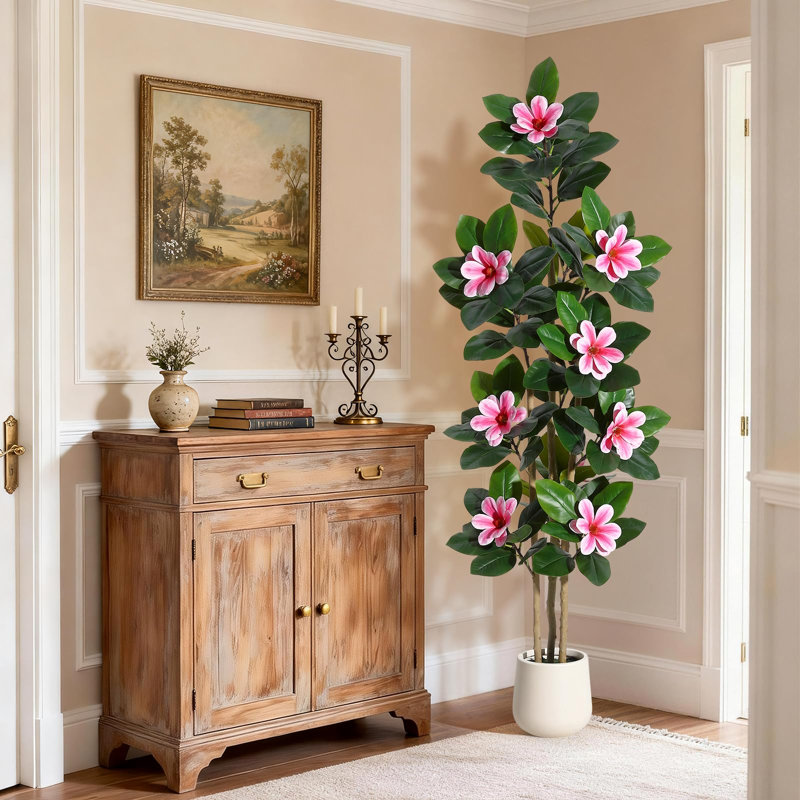  Figuier artificiel figuier avec fleurs de magnolia Real Touch, Pink, 72" H x 23.6" W