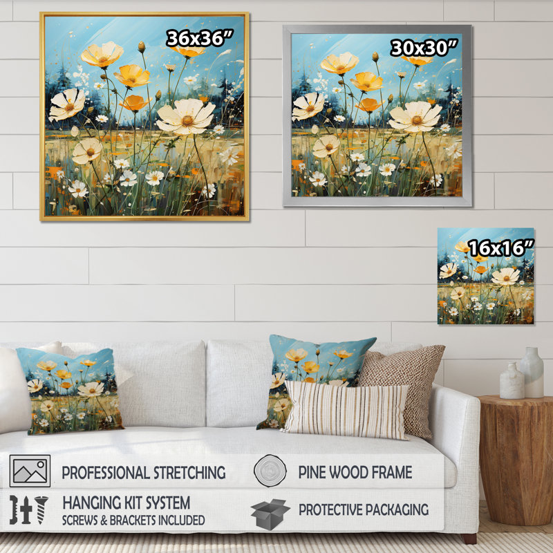 Bouton d'or jaune et bleu, Cadre simple argenté, H 36 po x l 36 po
