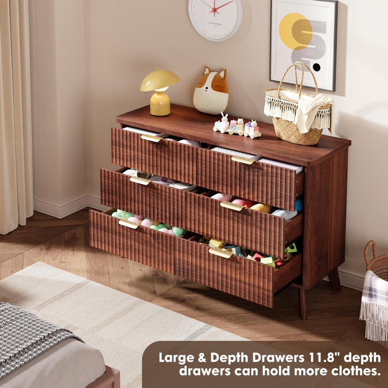 Fluted Dresser for Bedroom with 6 Deep Drawers, 47.2 in Tall Chest with Faux Marble Top & Curved Profile, Modern Wooden Dresser for Living Room, Kids Room, Hallway (Brown)