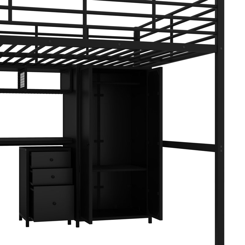 Lit mezzanine en métal avec table et garde-robe, double, noir - Design contemporain, construction robuste, solutions de rangement généreuses, structure de base moderne à assemblage simple, zones abondantes, simplicité