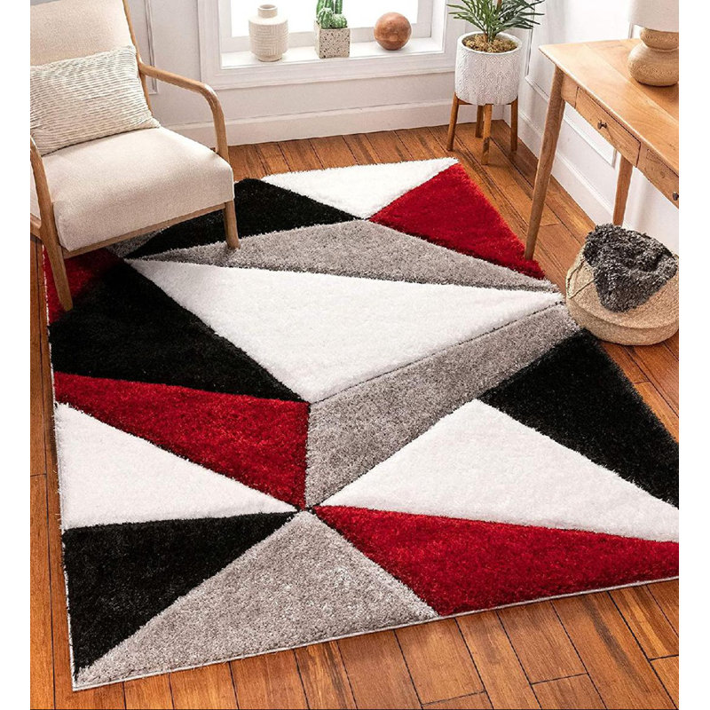 Tapis à poils longs à texture moderne et géométrique | Rouge, Rectangle 5 pi 3 po x 7 pi 3 po