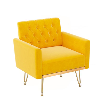 Fauteuil en velours avec canapé et fauteuil simple capitonné moderne avec accoudoirs et pieds en métal doré pour le salon (moutarde)