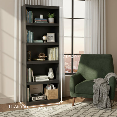 Bibliothèque à cinq niveaux avec plusieurs tablettes de rangement réglables. Simple armoire de rangement en bois massif pour étude à domicile. Noir