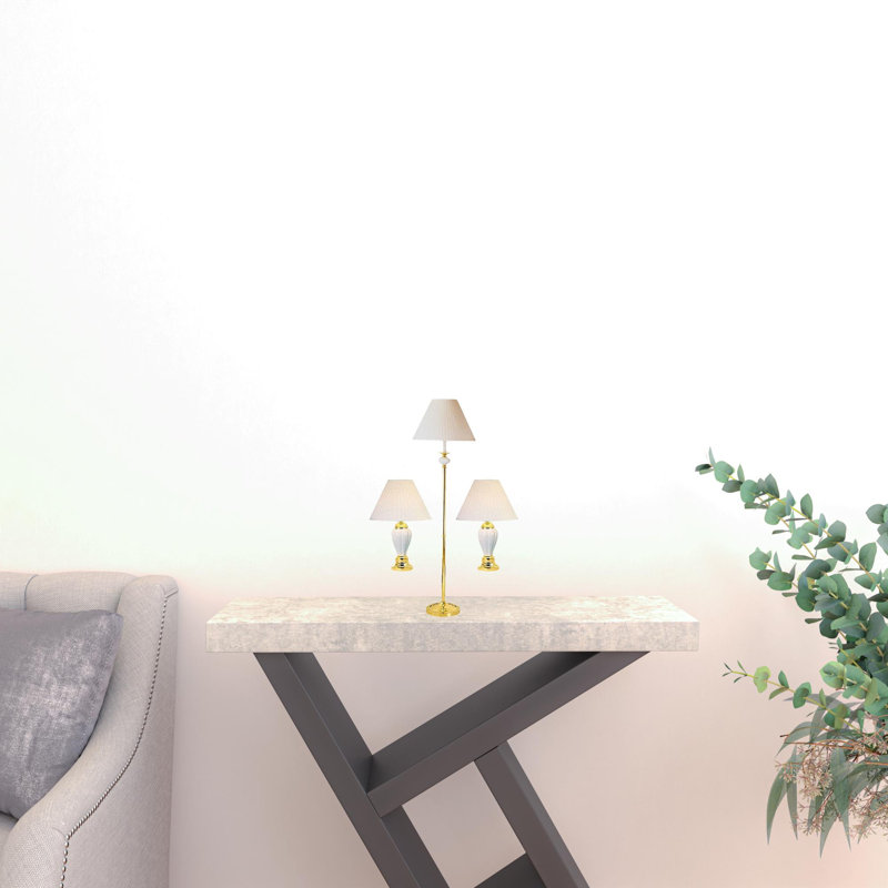 Set Of Three 64" Gold And White Ceramic Bedside Floor And Table Lamp Set With Off White Empire Shade